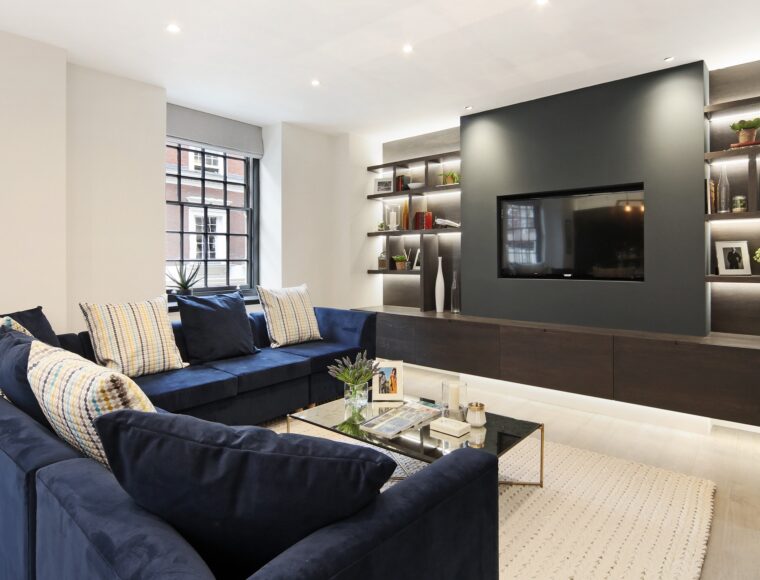 A lounge, furnished with a dark blue couch, low coffee table and a built in television and shelves