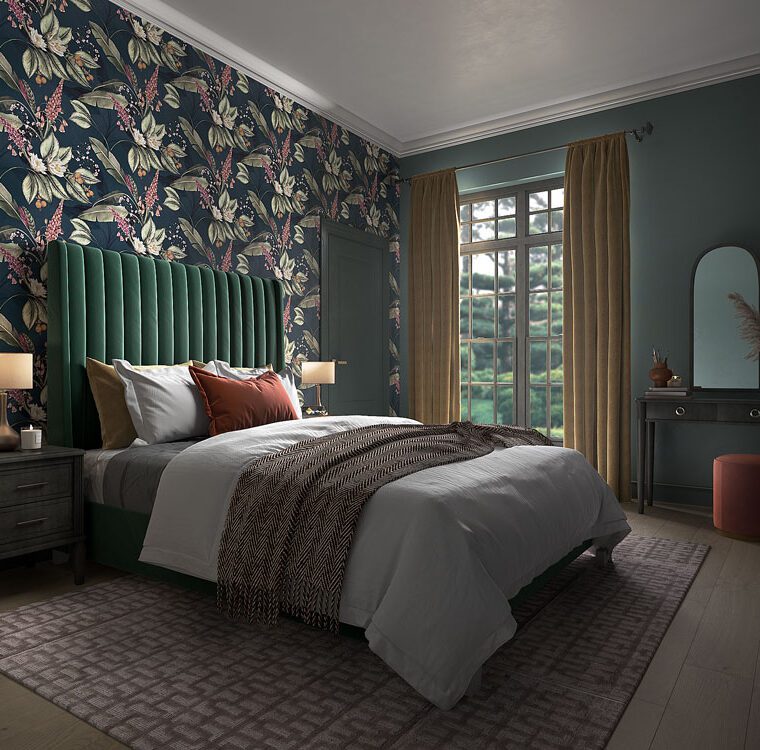 Large dark bedroom with floral wallpaper, double bed and chair.
