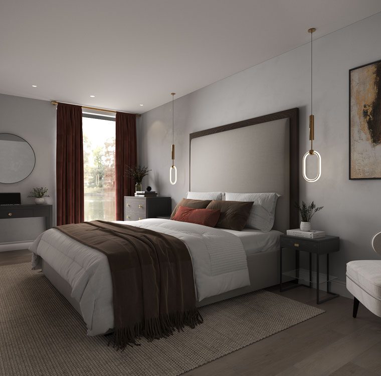 Modern bedroom with cream colour walls and furniture