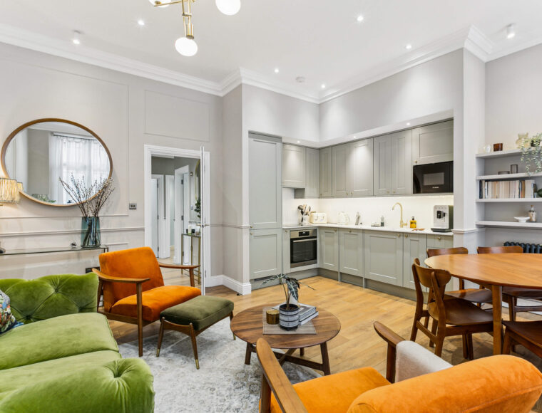 Inside the open plan lounge and kitchen of a Buy To Let Property in Central London