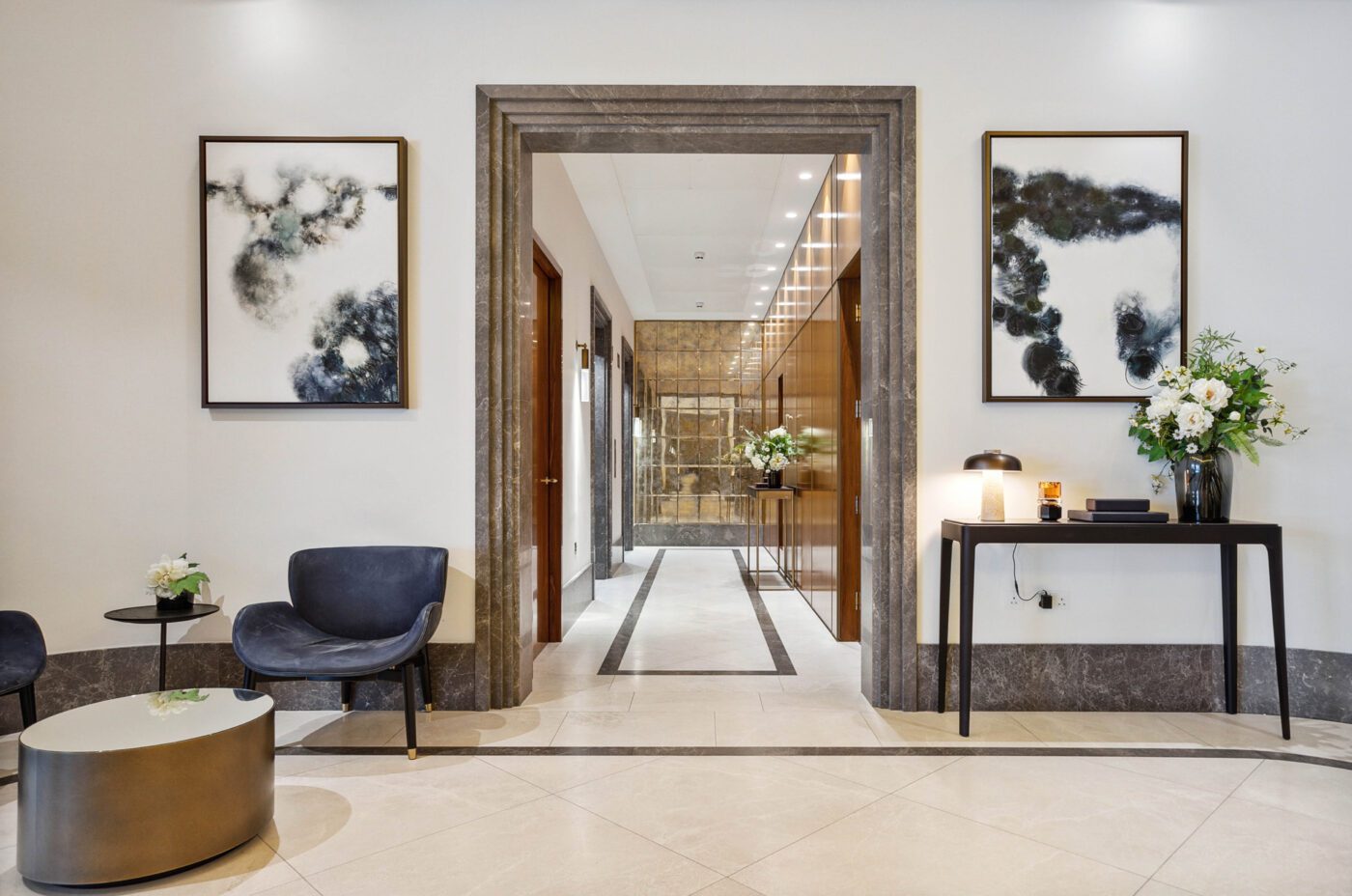 The lobby area and hallway of a luxury apartment in london which was sourced as a property for investment